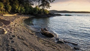 Luonnonmukainen ranta, jossa on kivikkoista rantaviivaa, puita ja tyyni vesi.
