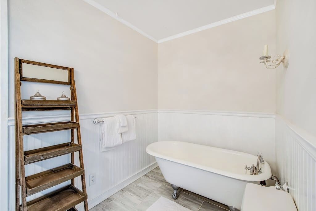 A bathroom with a clawfoot bathtub, a wooden ladder shelf, and a wall-mounted light fixture.
