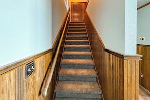 A carpeted staircase with wooden handrails and a light switch on the wall.