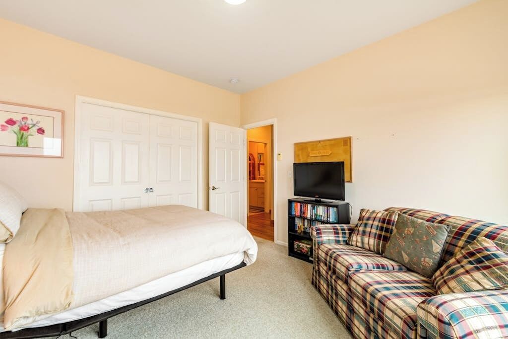 A bedroom with a bed, a sofa, a television, and a bookshelf.