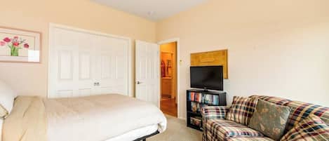 Une chambre à coucher avec un lit, un canapé, une télévision et une bibliothèque.