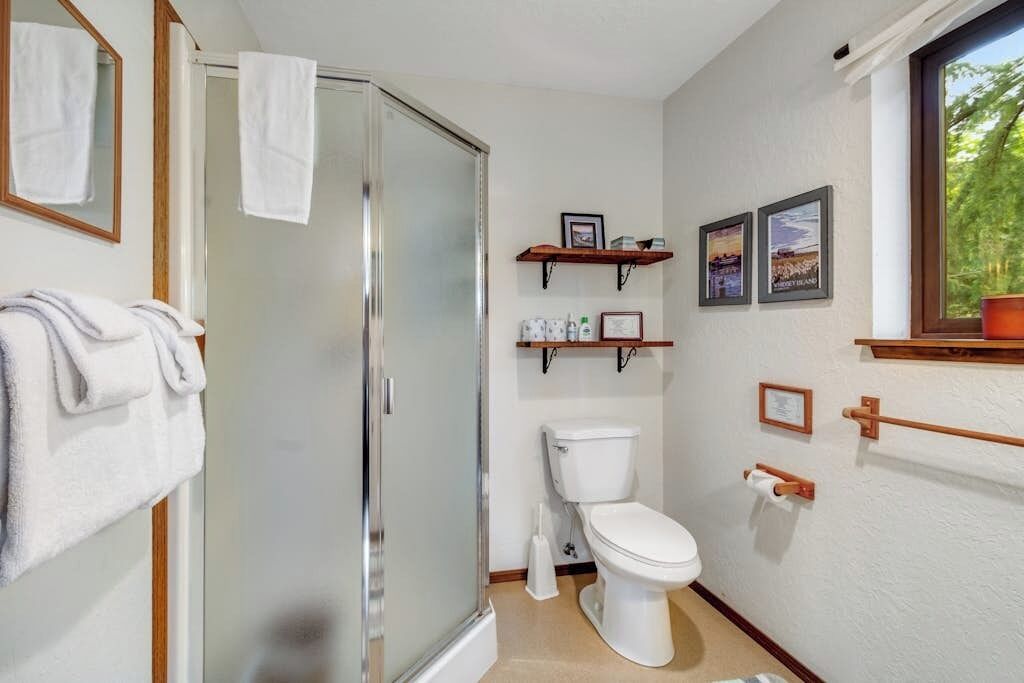 A bathroom with a glass shower enclosure, a toilet, and a window.