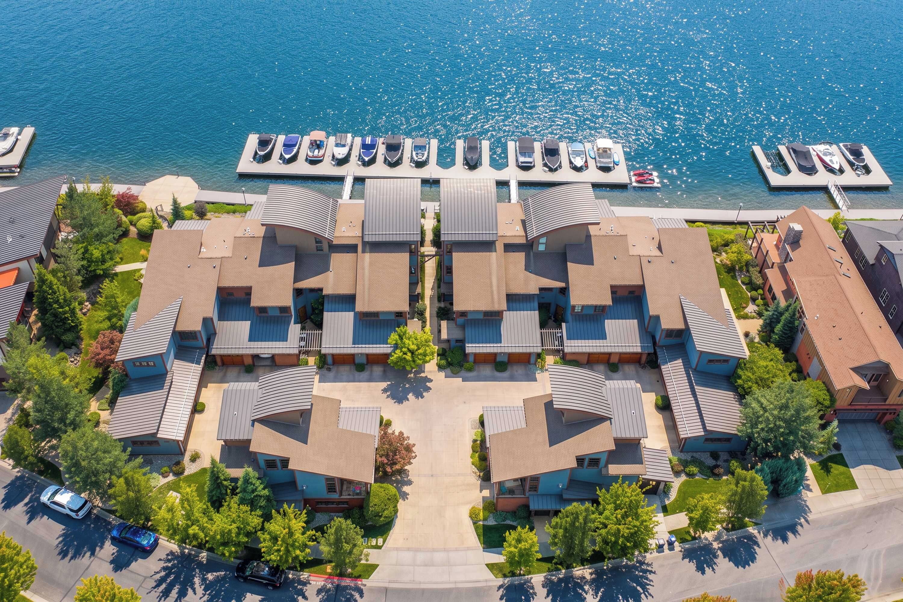 A residential area with a marina, featuring houses with sloped roofs, a clear view of the water, and a parking area.