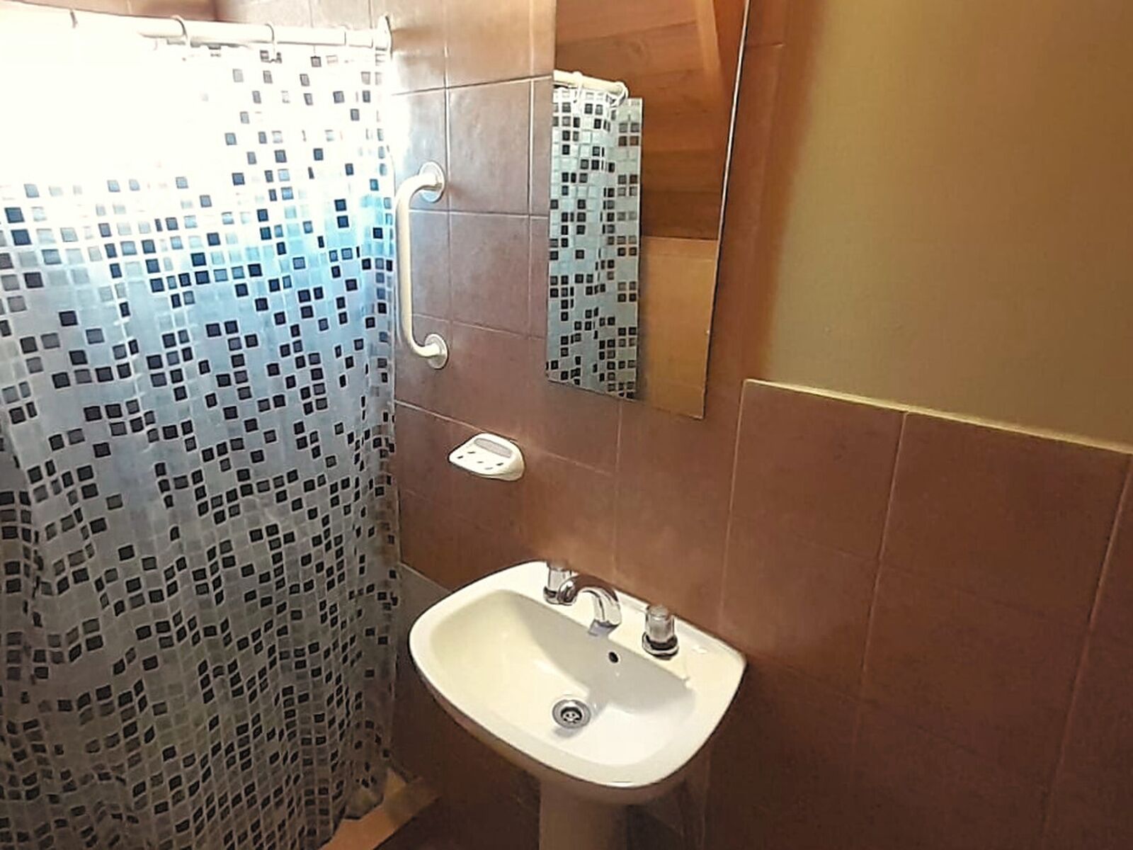 Un baño con ducha, lavabo y espejo.