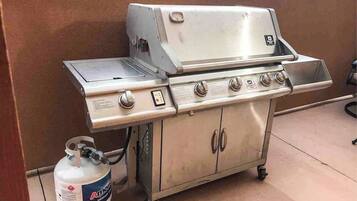 Ein tragbarer Grill aus Edelstahl mit Seitenbrenner und Propangasflasche.