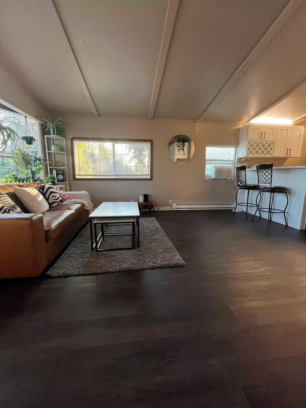 A living room with a sofa, a coffee table, and a dining area with chairs. There are windows with blinds, a mirror, and a kitchen area with cabinets.