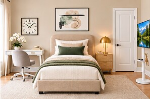 Ein Schlafzimmer mit einem Bett, einem Schreibtisch, einem Stuhl, einer Lampe, einem Fernseher und Bildern an der Wand.