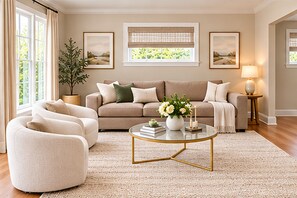 A living room with a beige sofa, two armchairs, a coffee table, and a potted plant. - Premium Spacious 5-bedroom house in beautiful College Park, 7min from UMD (College Park)