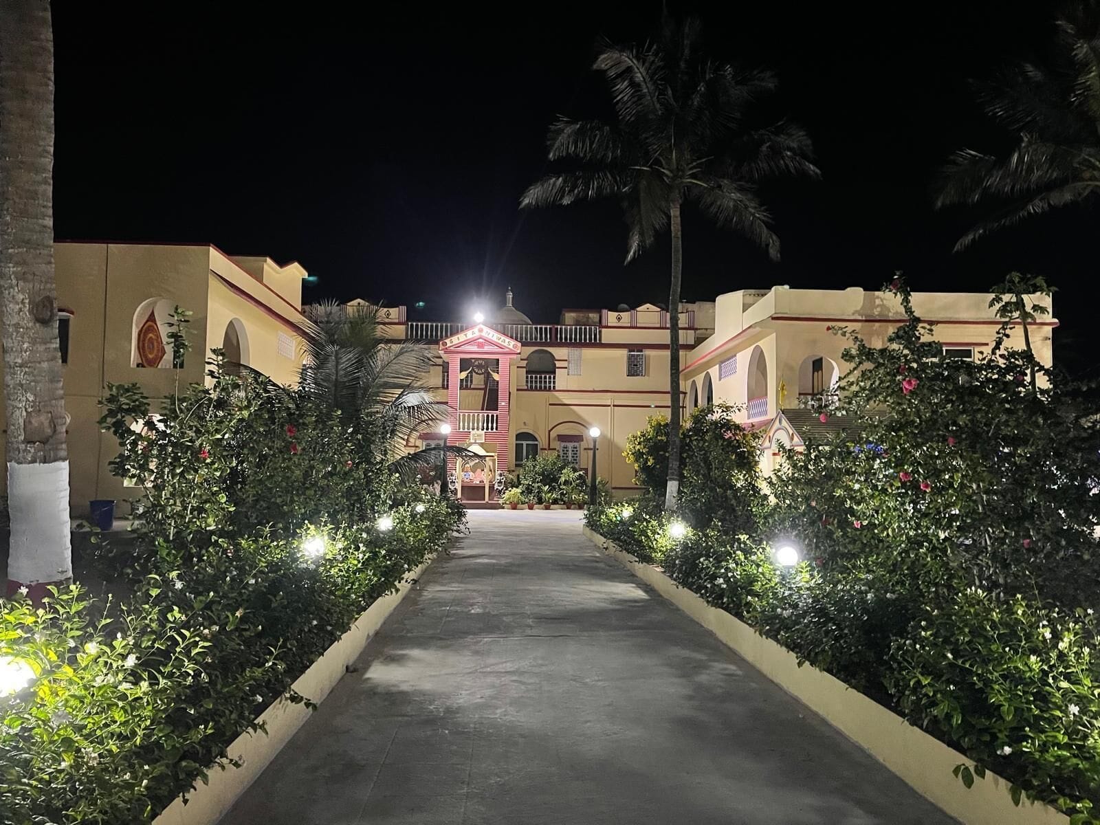 A hotel entrance with a central pathway flanked by greenery and palm trees, leading to a building with a distinctive pink and white facade.