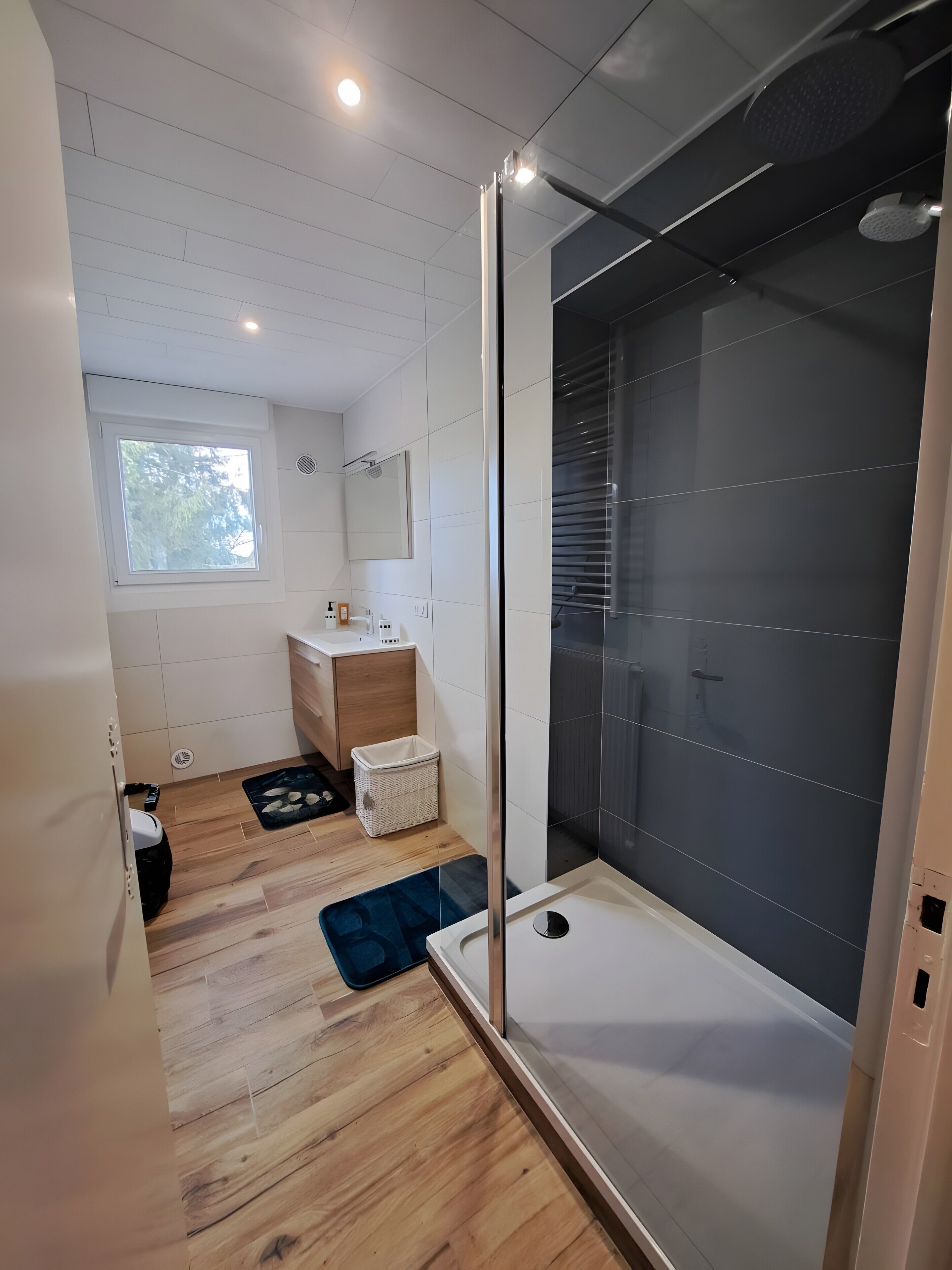 Une salle de bain moderne avec une douche, un lavabo et un miroir.