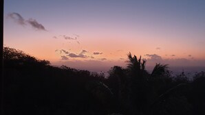 Vista do pôr do sol com silhuetas de árvores e céu limpo.
