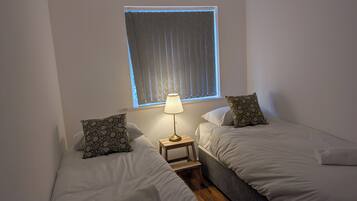 A bedroom with two beds, a nightstand with a lamp, and a window with curtains.