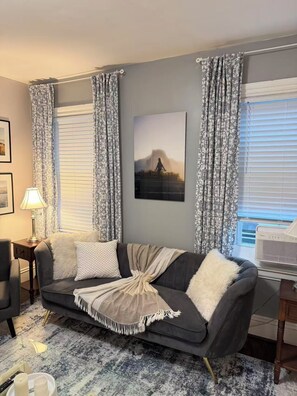 A living room with a grey sofa, patterned curtains, a framed picture, and a radiator. - Close to Brown & RISD lovely 4-bedroom apartment (Providence)