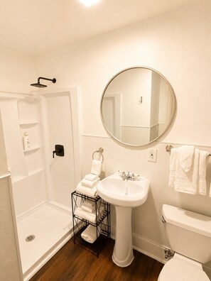 A bathroom with a walk-in shower, a pedestal sink, a toilet, and a mirror. - Close to Brown & RISD lovely 4-bedroom apartment (Providence)