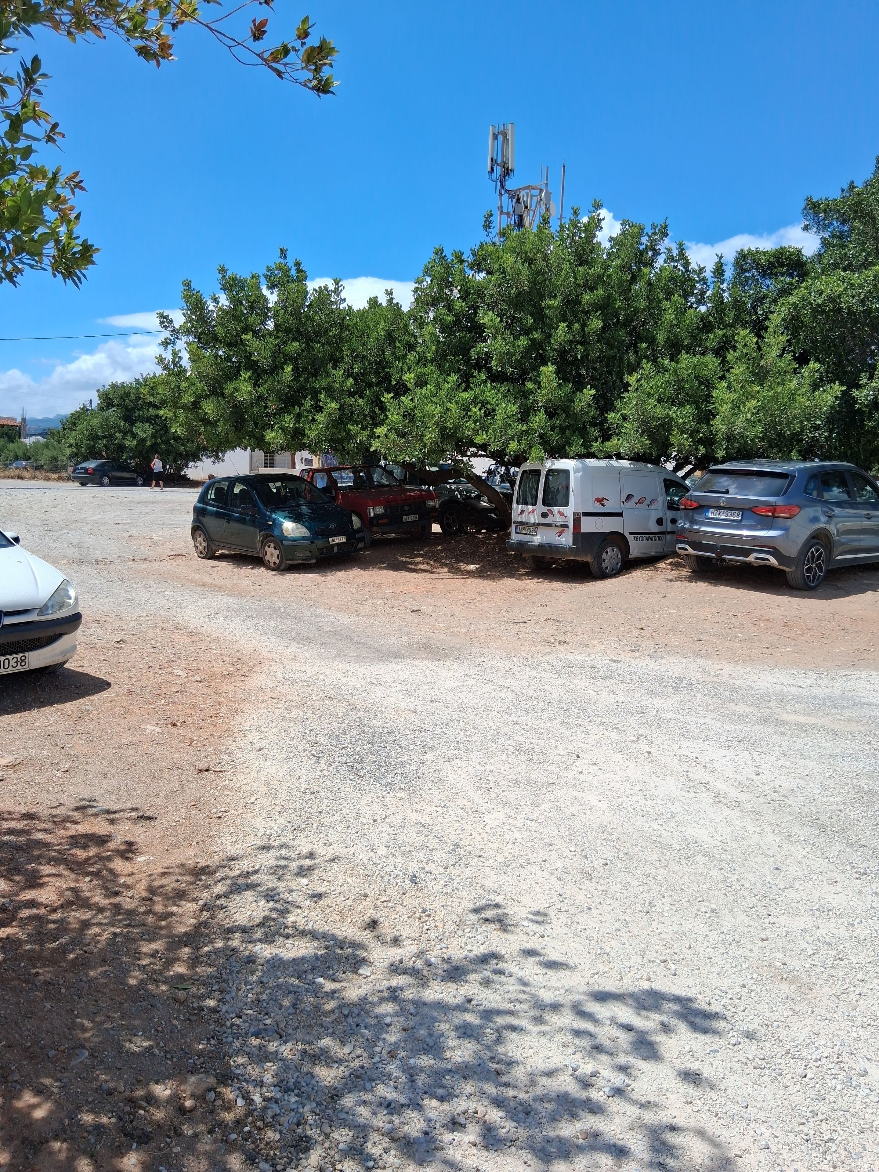 A parking lot with several cars and a white van, surrounded by trees and a clear sky.