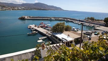 Una marina con imbarcazioni ormeggiate, un molo e montagne sullo sfondo.