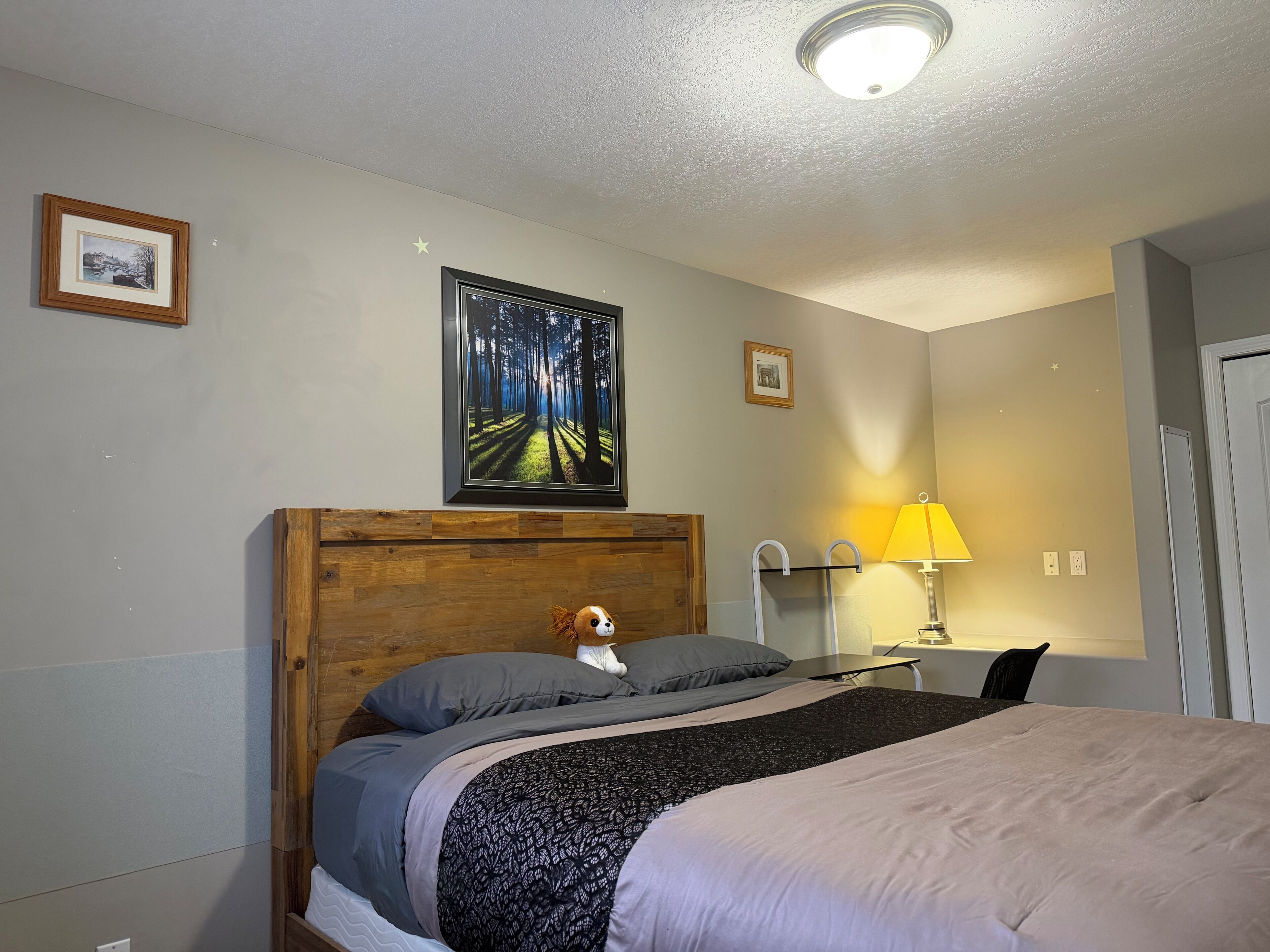 A bedroom with a wooden headboard, a bed with grey bedding, a nightstand with a lamp, and a framed picture on the wall.