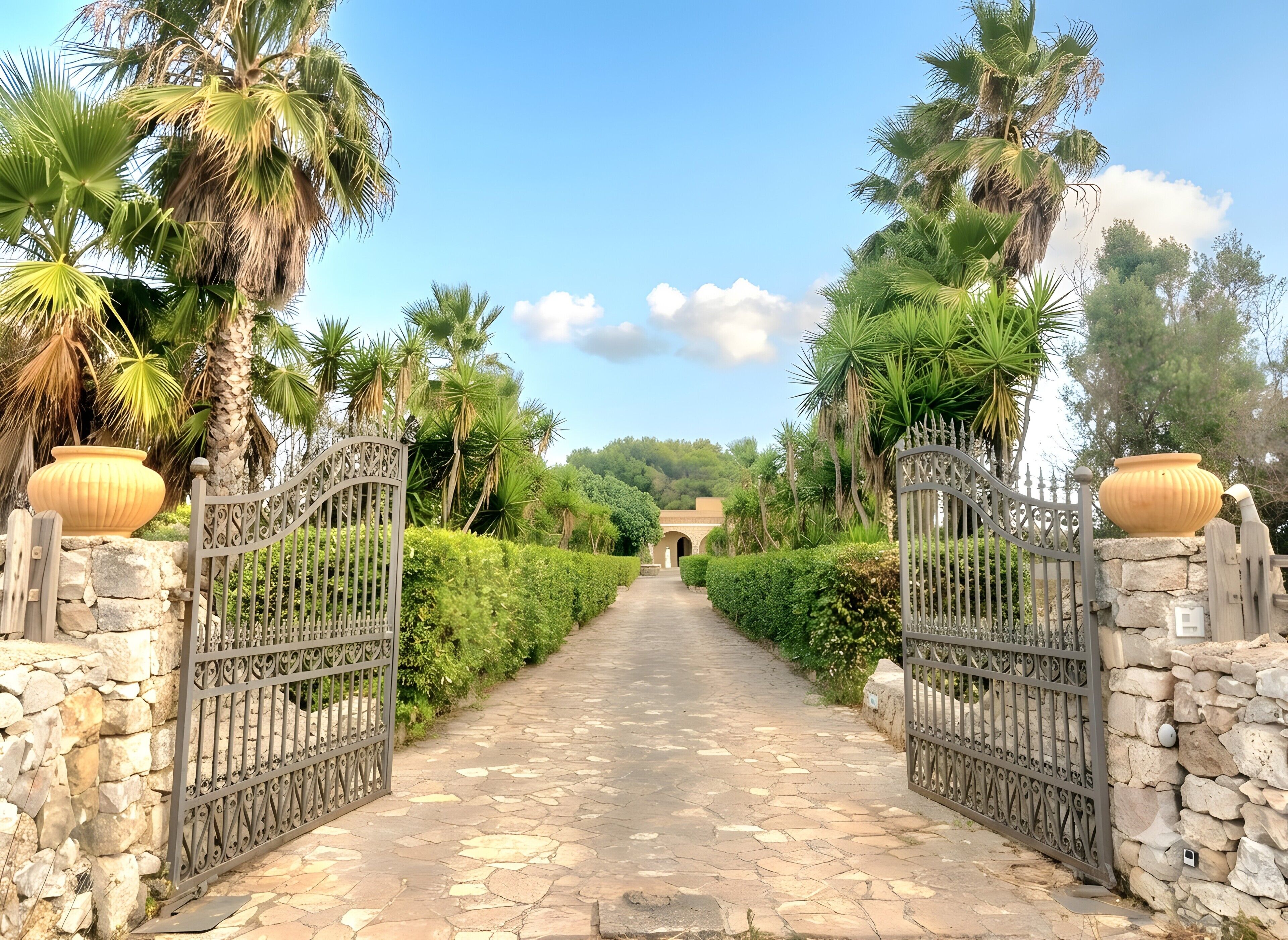 A paved pathway leading to a gated entrance with stone walls and decorative metal gates.