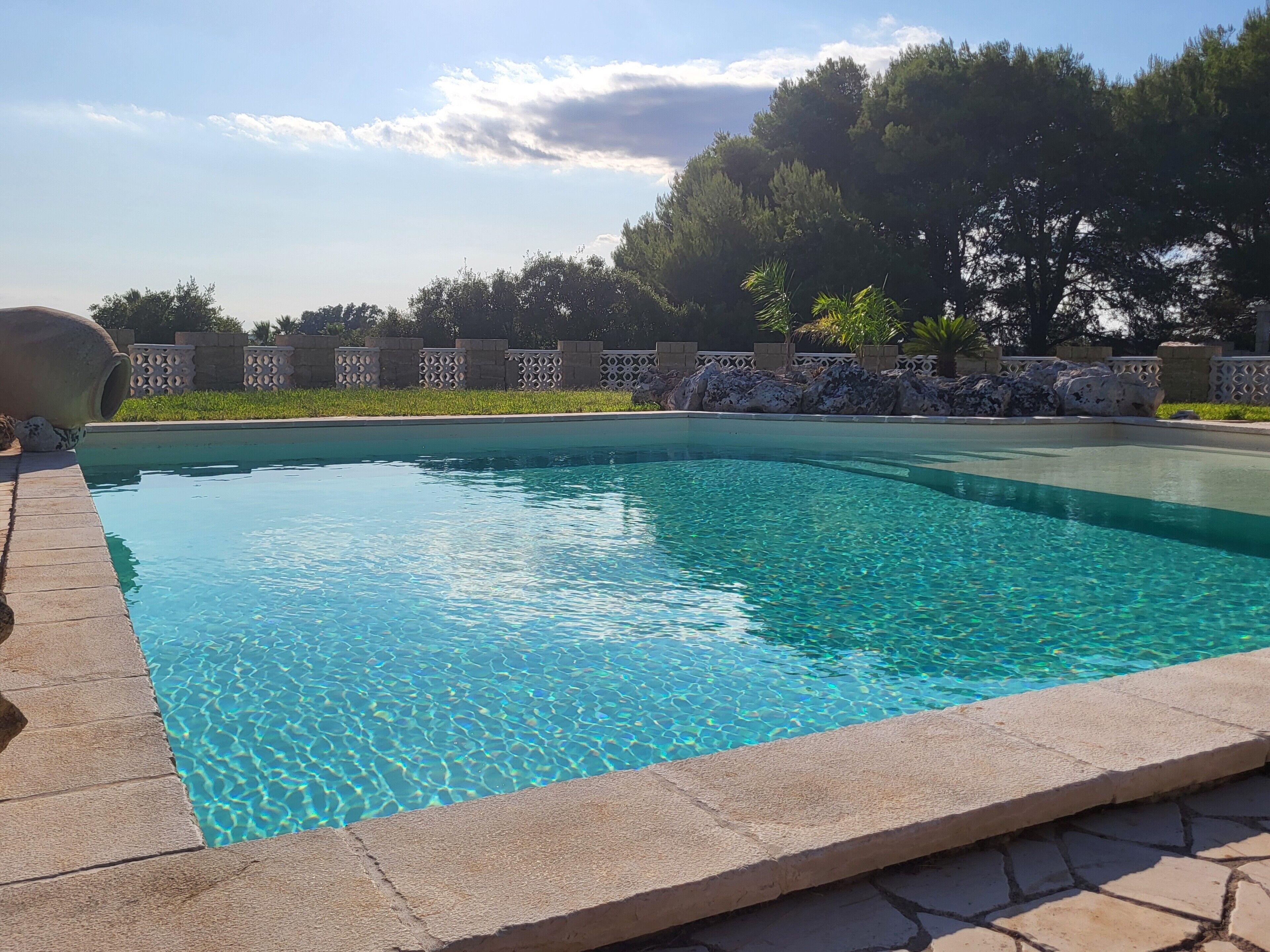 Una piscina rettangolare con acqua cristallina, circondata da piastrelle in pietra e un cancello decorativo.