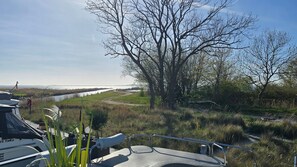 A boat docked near a riverbank with a view of a tree and a clear sky.