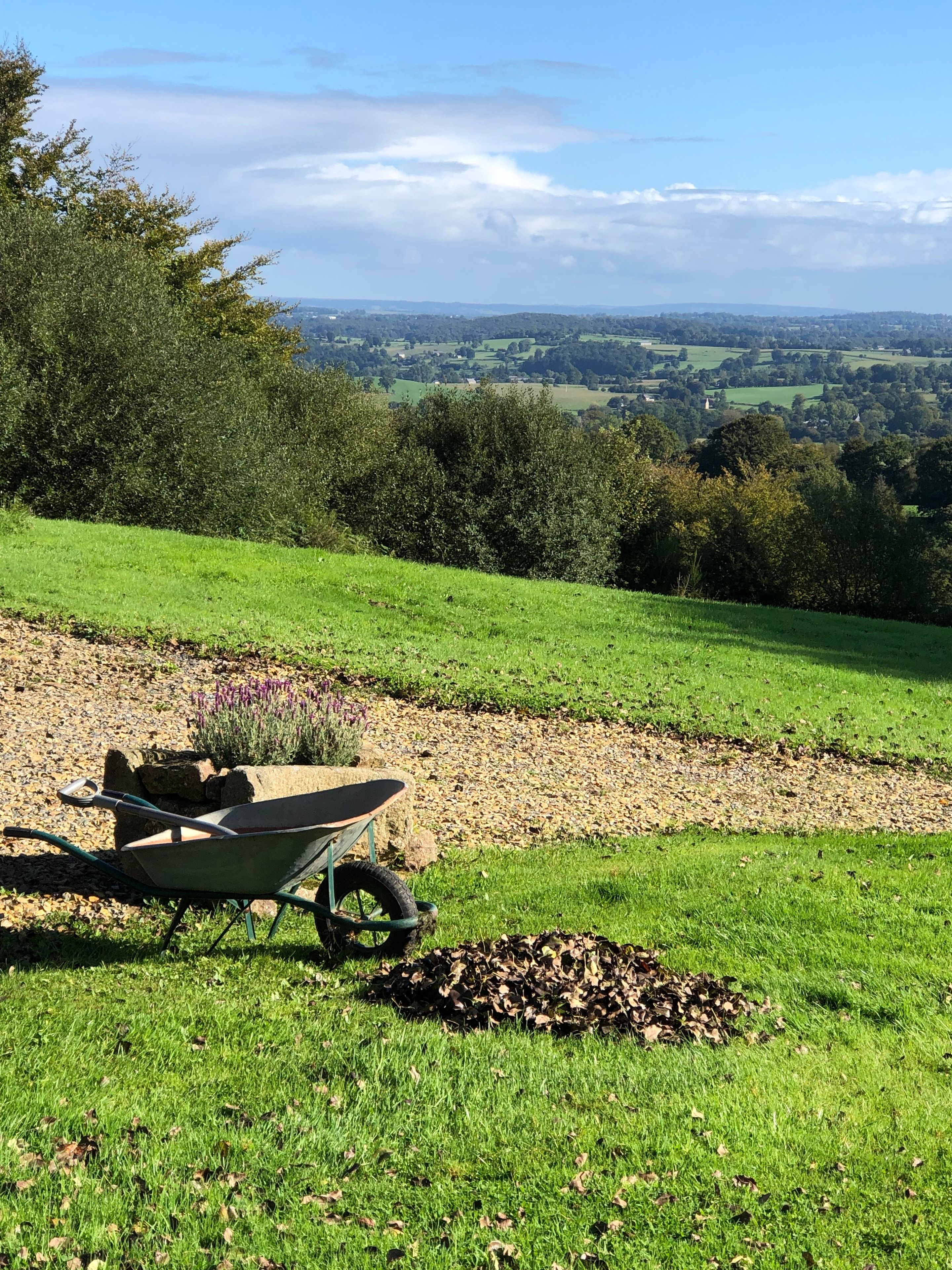 Um jardim com um carrinho de mão, uma pilha de folhas e vista para o campo.