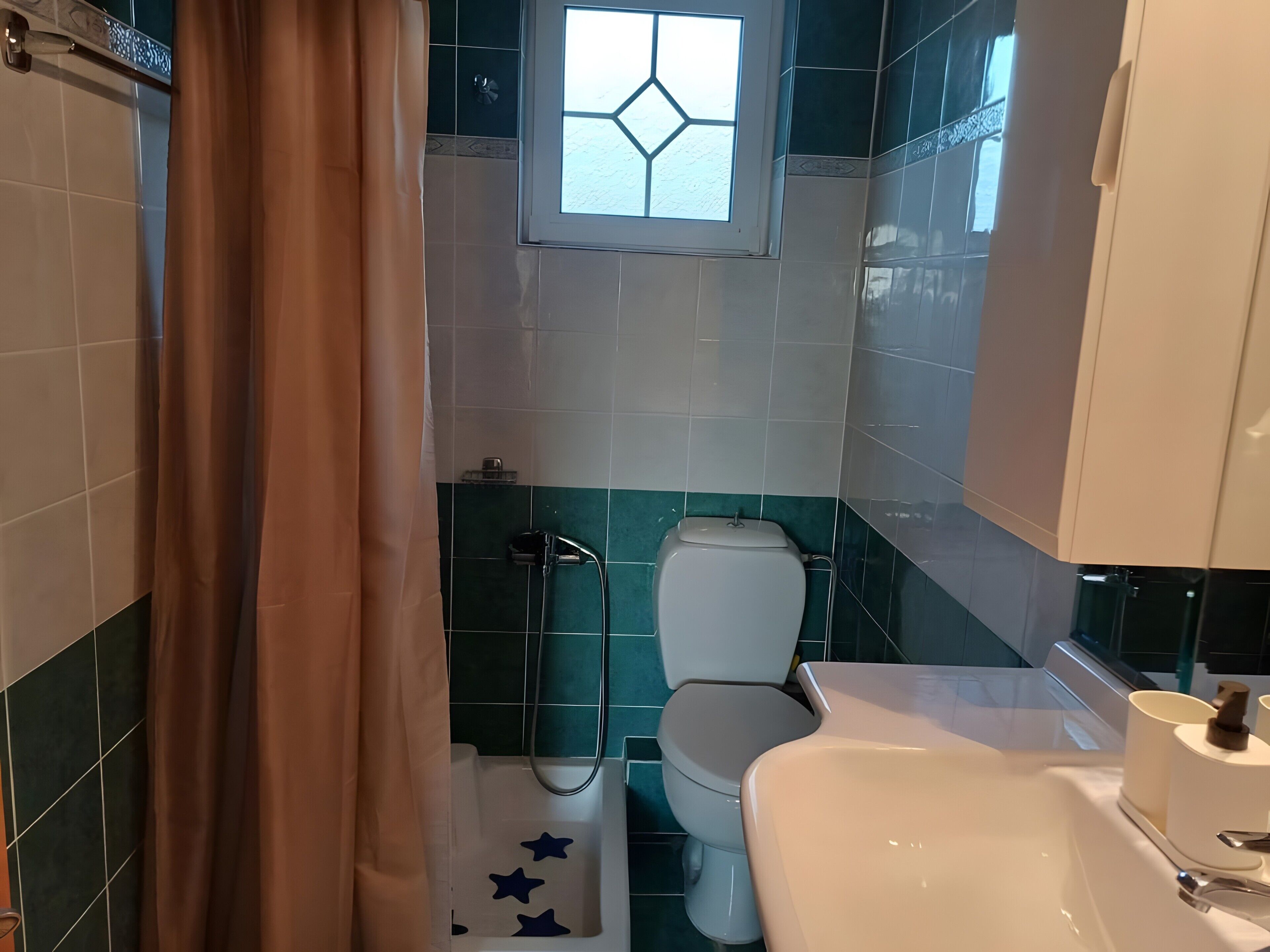 A bathroom with a shower, toilet, and sink.