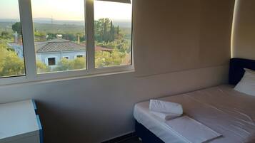A bedroom with a single bed, a desk, and a window with a view of a landscape.
