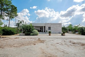 Un bâtiment doté d’un toit plat, d’une petite entrée et d’une cour pavée agrémentée de plantes en pot.