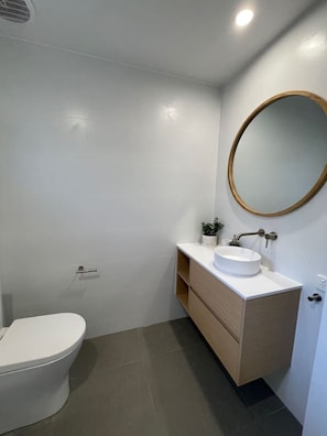 A bathroom with a toilet, a sink with a mirror, and a small plant on the vanity. - Killara Apt 2 - Noosa Heads Holiday Apartment (Noosa Heads)