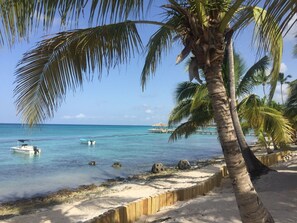 A beach with clear turquoise water, a wooden walkway, and a boat in the distance. - Unknown Accommodation by Interhome (Bayahibe)