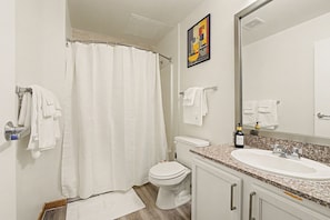 Un baño con cortina de ducha, inodoro, lavabo y espejo.