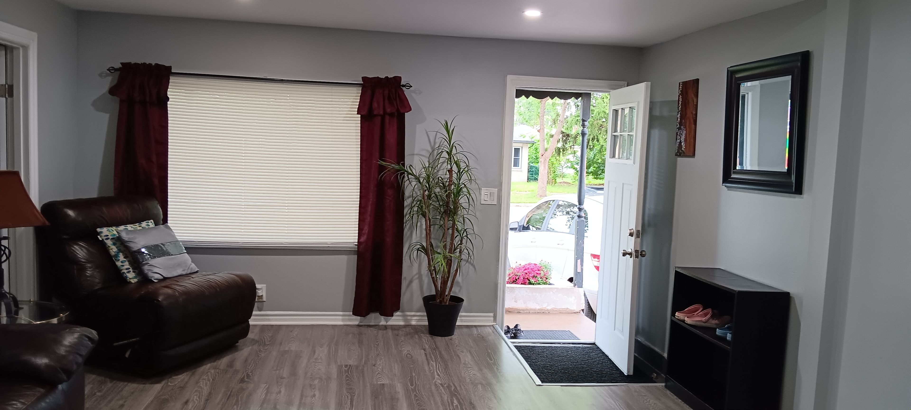 A living room with a leather sofa, a potted plant, and a door leading outside.
