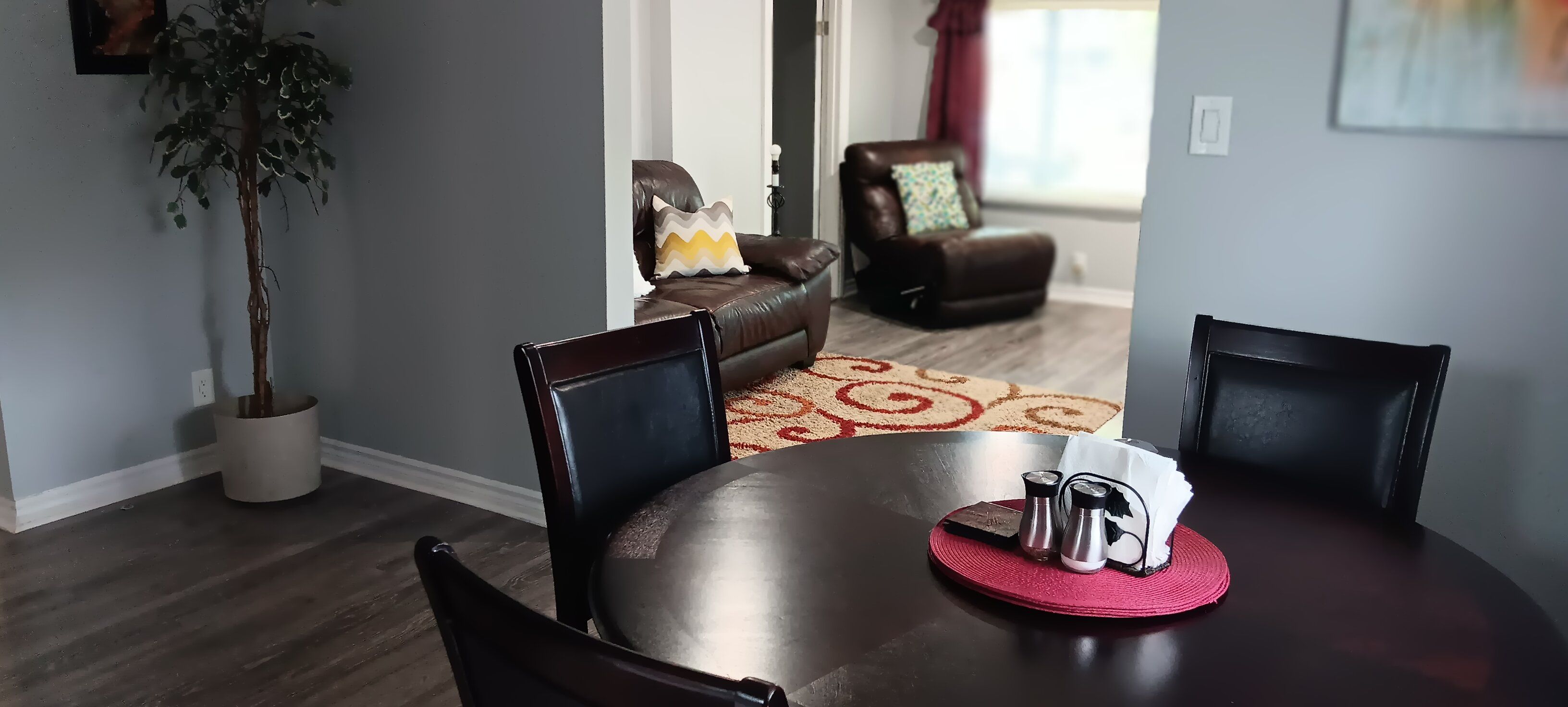 Een eetgedeelte met een ronde tafel, vier stoelen, een potplant, een decoratief kussen en een vloerkleed met een patroon.
