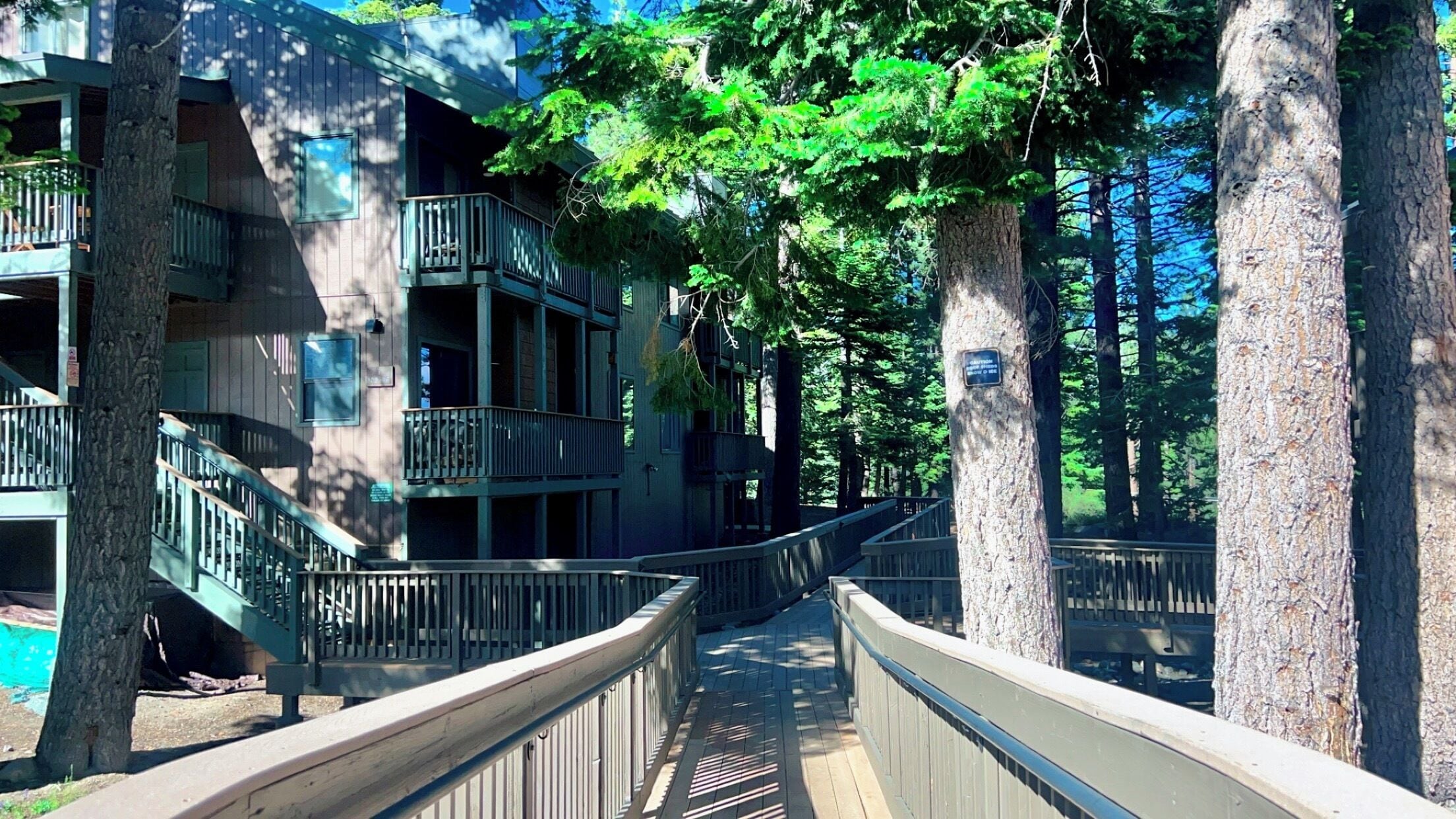 A wooden bridge connecting two buildings with balconies, surrounded by tall trees.