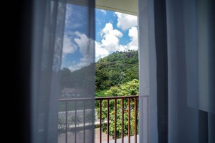 Vista pela janela, com guarda-corrimão de metal, para uma encosta verdejante com árvores e céu limpo.
