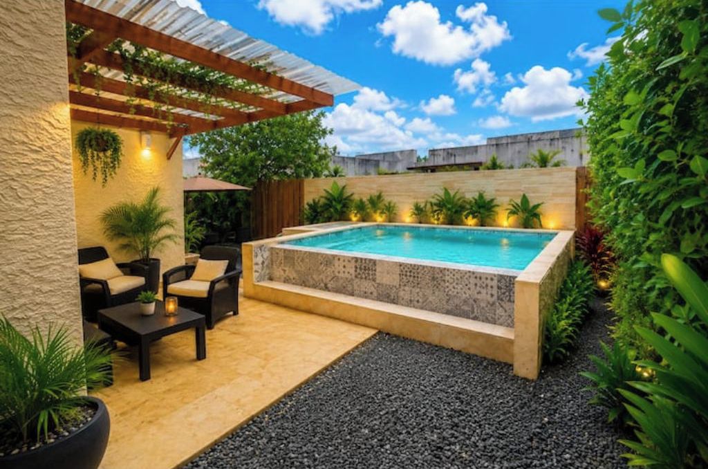 A rectangular swimming pool with a stone border, surrounded by a patio area with outdoor furniture and plants.