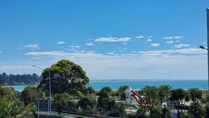 A coastal landscape with a clear sky, a large tree, and a view of the sea.