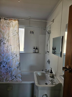A bathroom with a shower, a sink, and a mirror.