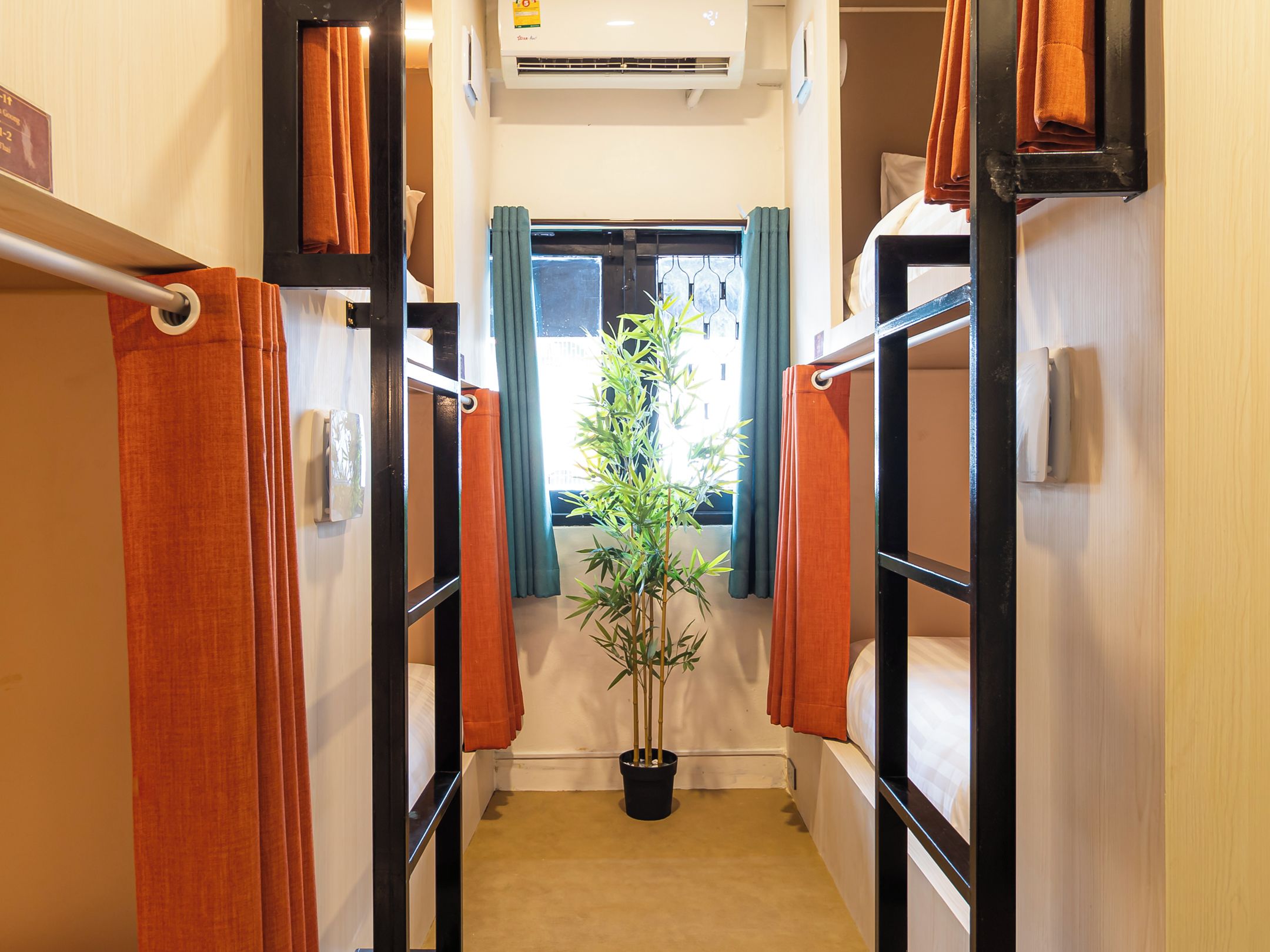Ein schmales Dreibettzimmer mit Etagenbetten an beiden Seiten, einer Zimmerpflanze in der Mitte und einem Fenster mit Vorhängen.