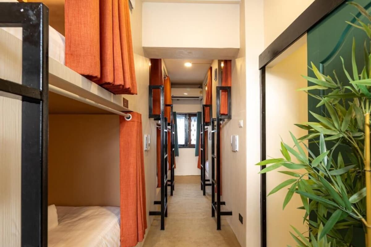 A corridor with bunk beds, a plant, and a door at the end.