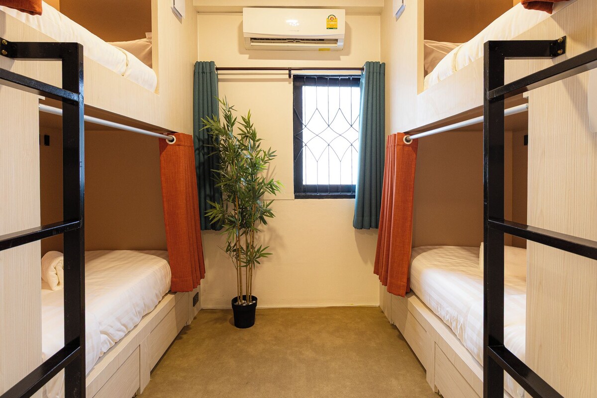 A bunk room with two beds, a potted plant, and an air conditioning unit.