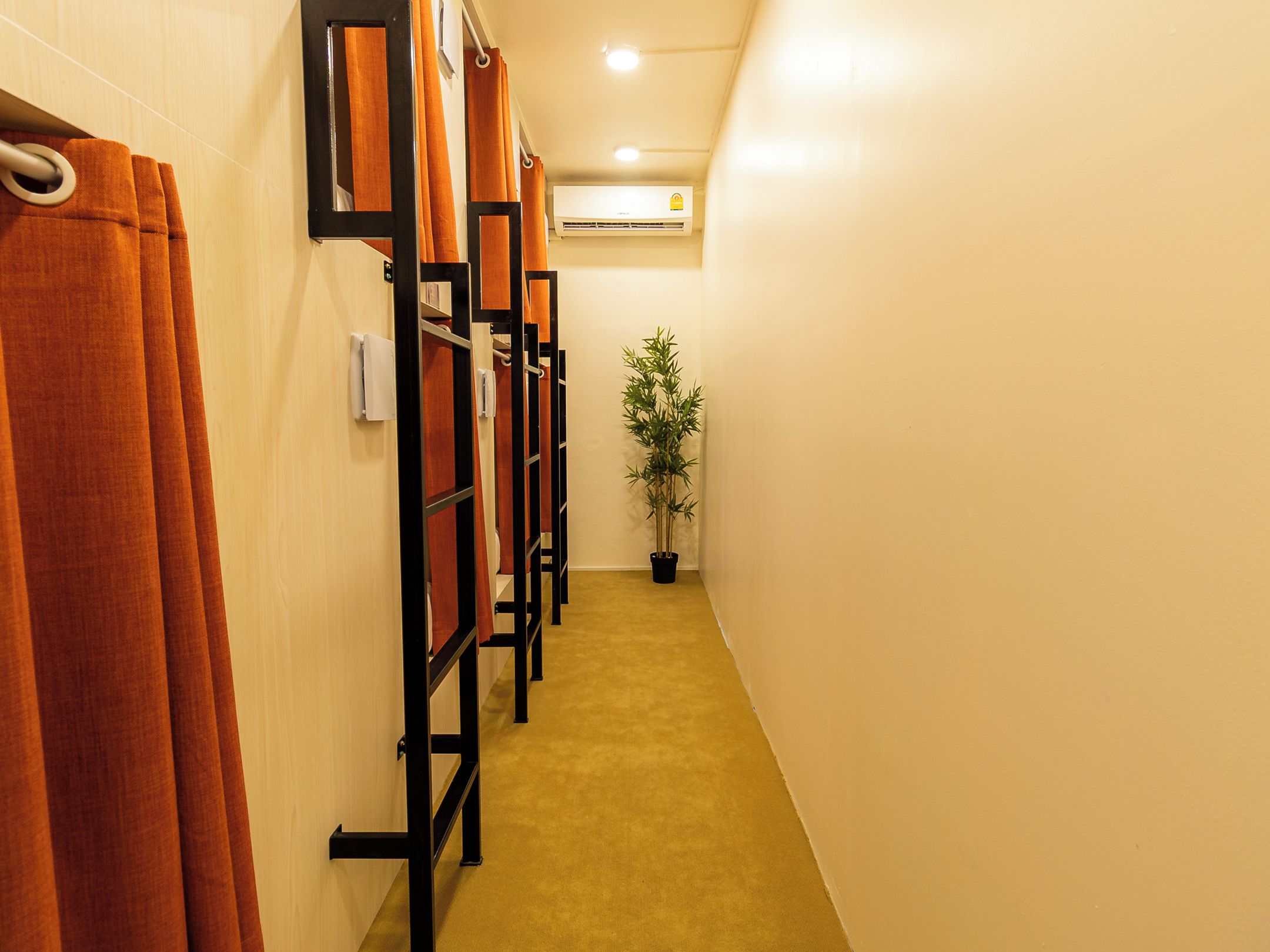 A hallway with a row of wooden lockers, a potted plant, and a wall-mounted air conditioning unit.