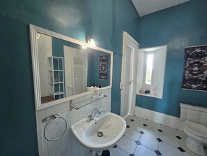Ein Badezimmer mit Waschbecken, Spiegel, Toilette und Duschbereich.
