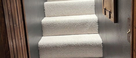 A staircase with a textured carpet leading to a dark room.