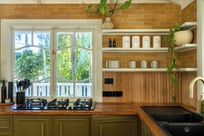 Una cocina con estufa a gas, un lavamanos y un ventanal con vistas a la vegetación. Se observan estanterías con productos de té y una planta en maceta.