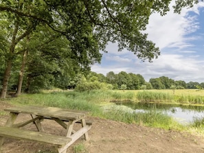 A picnic table in a natural setting with a pond and trees. - Outdoors Holten - Skydeck Cabin by Interhome (Holten)