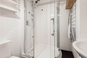 Ein modernes Badezimmer mit einer Duschkabine, einem weißen Waschbecken und einer Toilette.