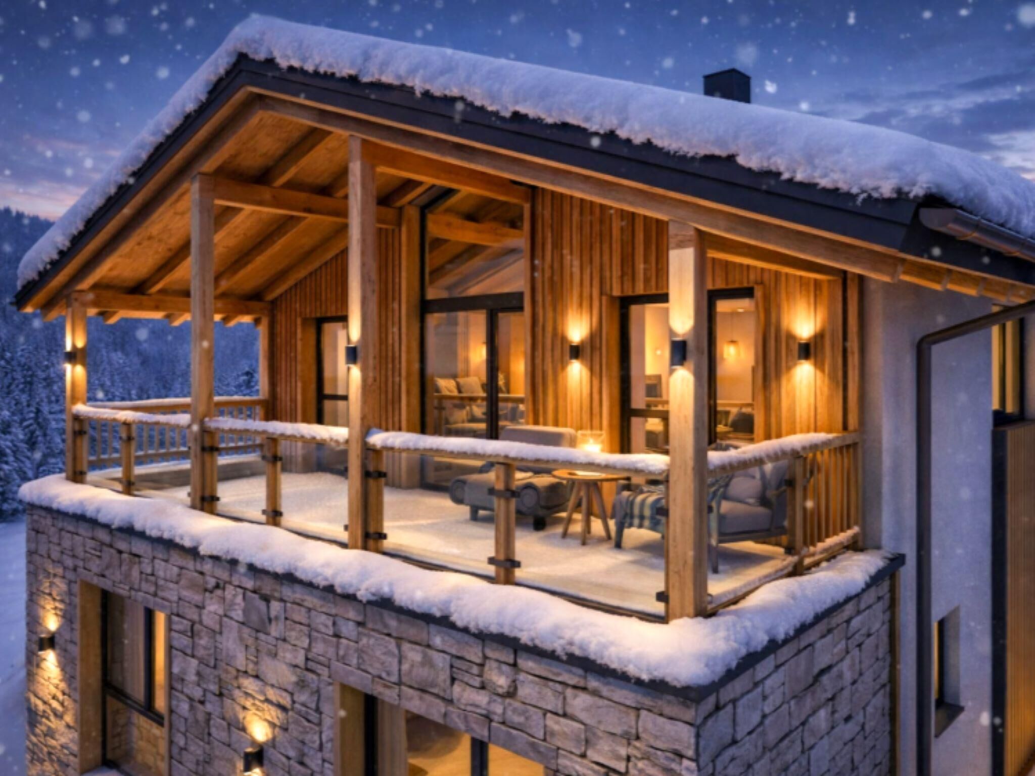 A wooden cabin with a balcony, stone foundation, and interior lighting.