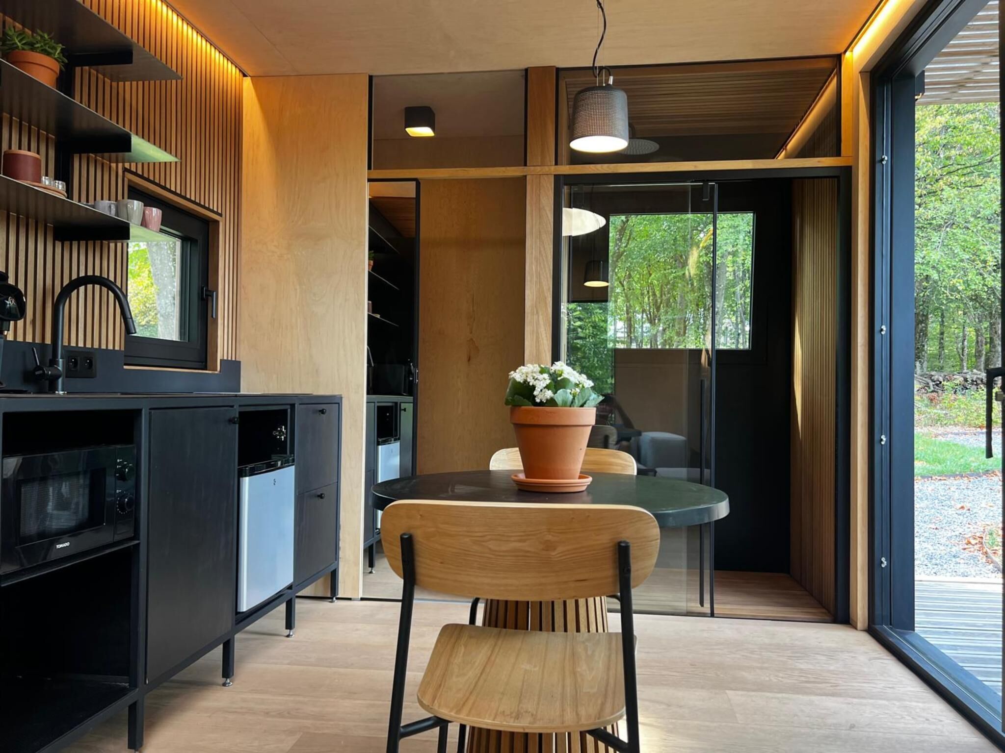 A modern kitchen with a built-in microwave, a wooden chair, and a potted plant on a table.