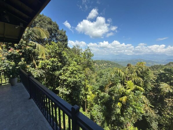 A balcony with a view of a lush, green landscape and distant hills.